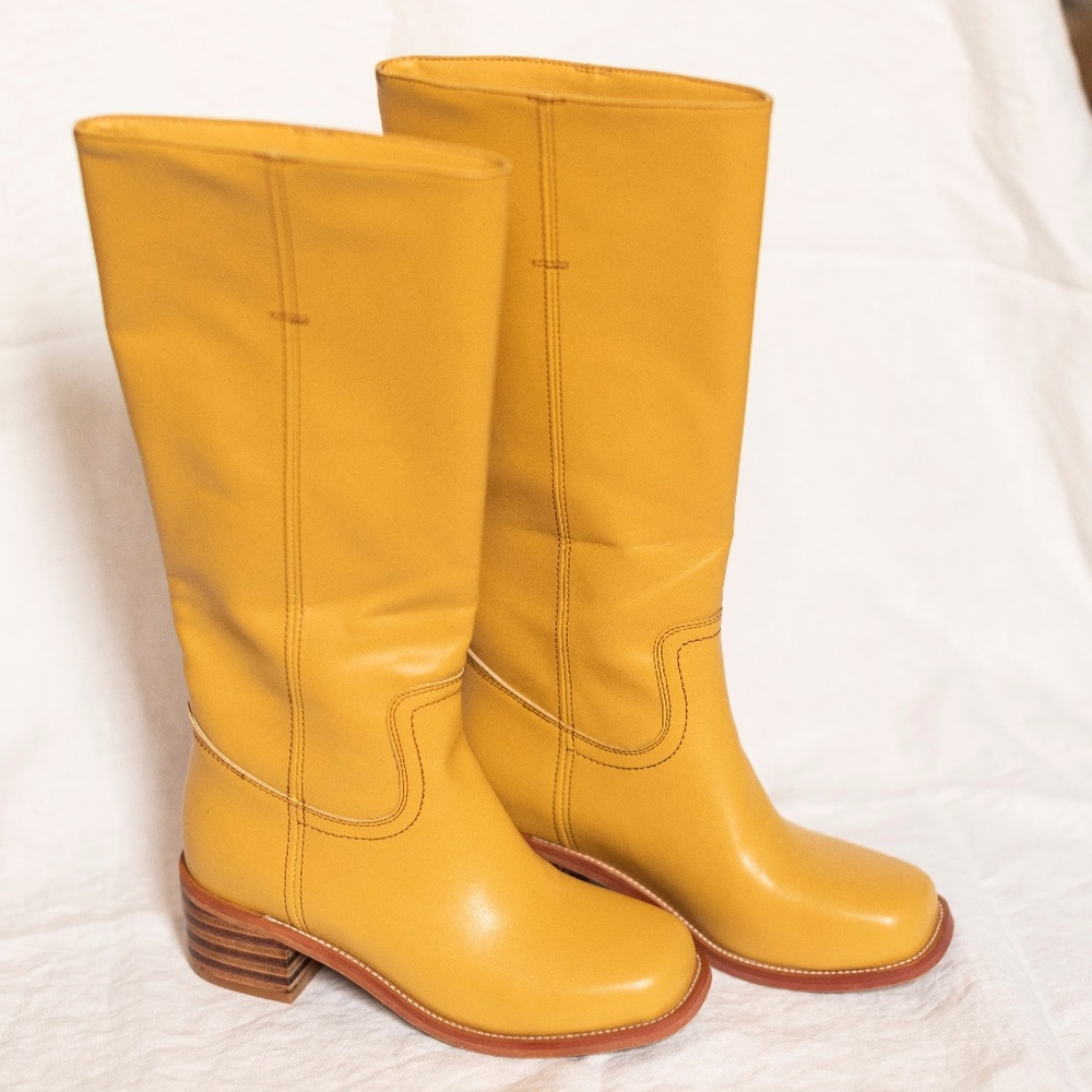 Banana Yellow/Tan Campus Style Boots Size 6.5 NWOB - Vegan Leather Knee-high 👢